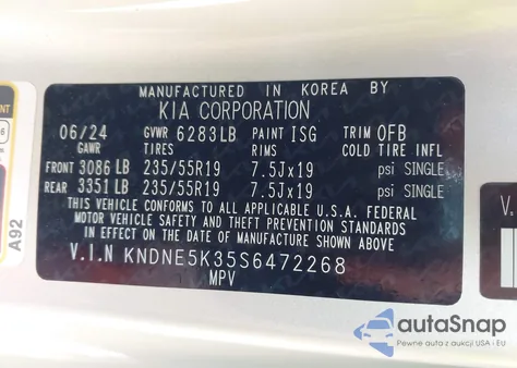 2025 Kia Carnival Mpv Sx из США, поврежденный, VIN KNDNE5K35S6472268